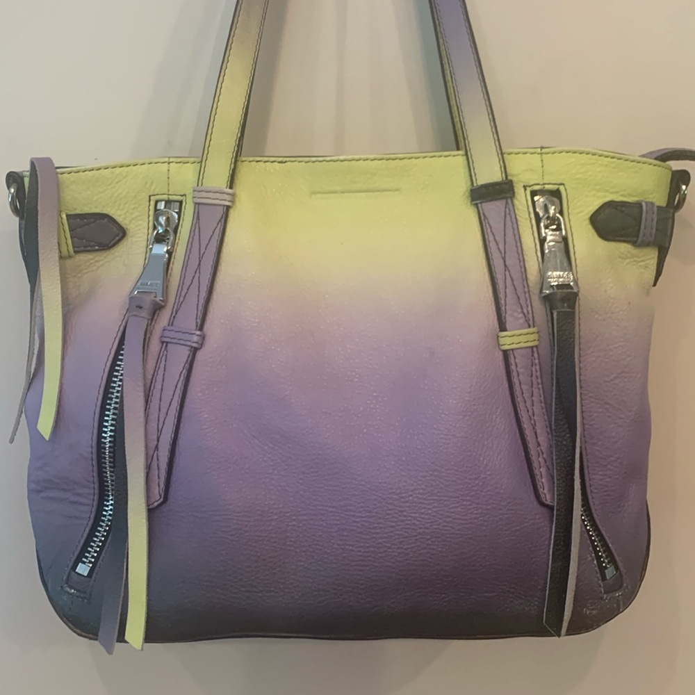 Aimee Kestenberg violet/lime green genuine leather double strap shoulder hobo